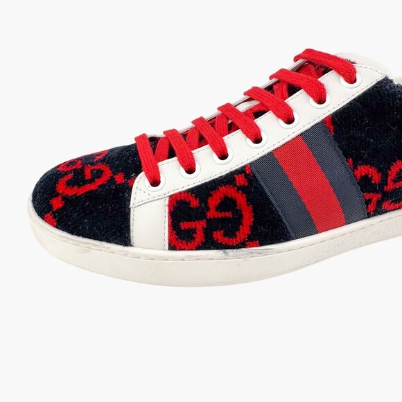Gucci Ace Sneakers EU 38 US 8 Navy Blue & Red GG Monogram Corduroy Low Top Shoe - Picture 9 of 12